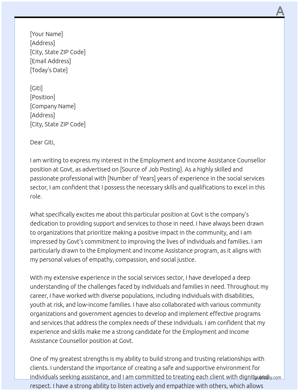 Employment and Income Assistance Counsellor At Govt Cover Letter