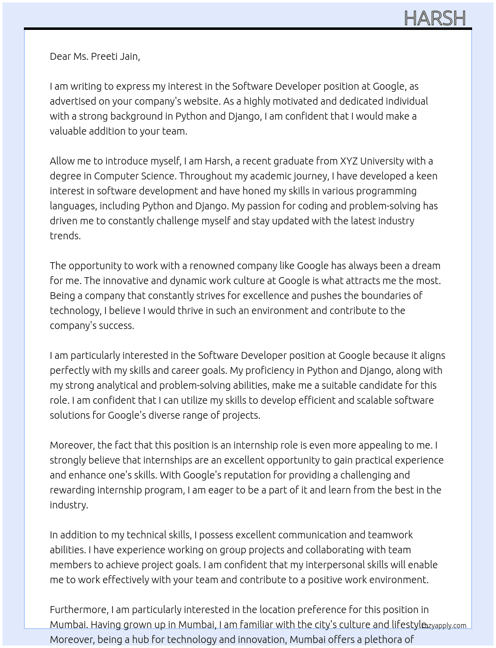 software devloper  At google  Cover Letter