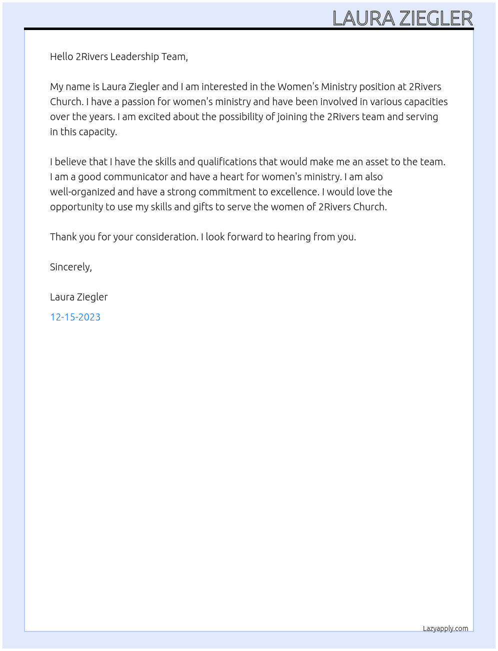 Womens Ministry At 2Rivers Church Cover Letter