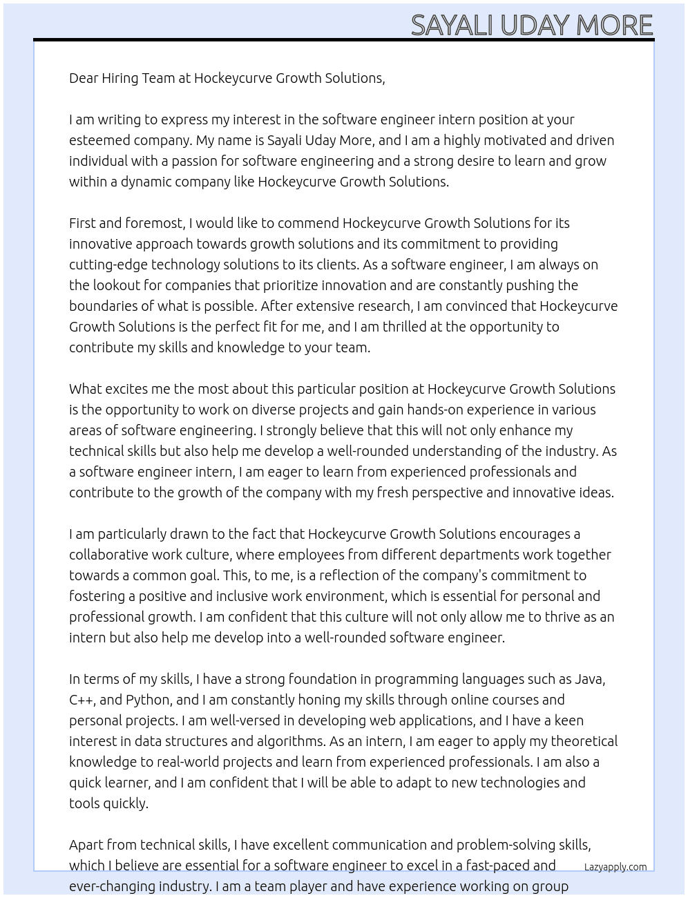 software engineer intern At Hockeycurve growth solutions Cover Letter
