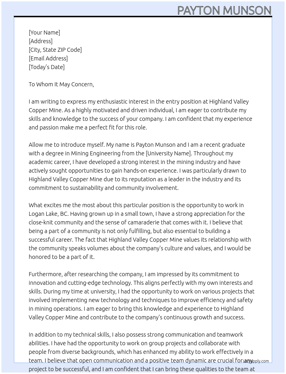 Cover letter for entry position - LazyApply