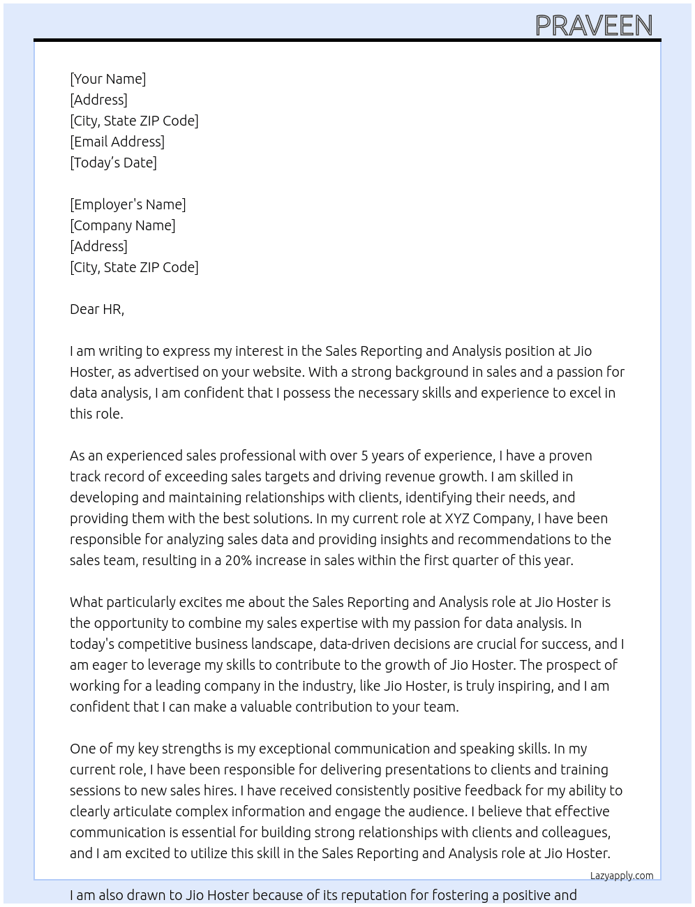 Sales Reporting and Analysis At Jio Hoster Cover Letter