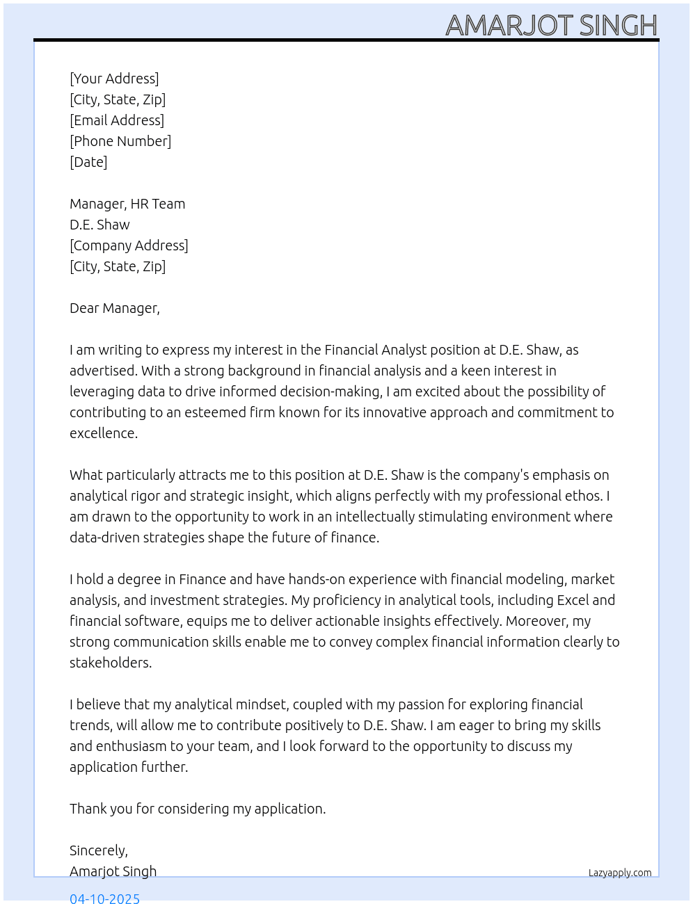 Financial Analyst At de shaw Cover Letter