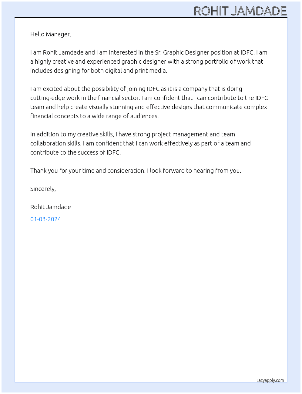 Sr. Graphic Designer At IDFC Cover Letter