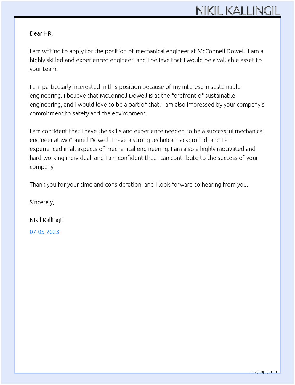 MECHANICAL ENGINEER At McCONNELL DOWELL Cover Letter