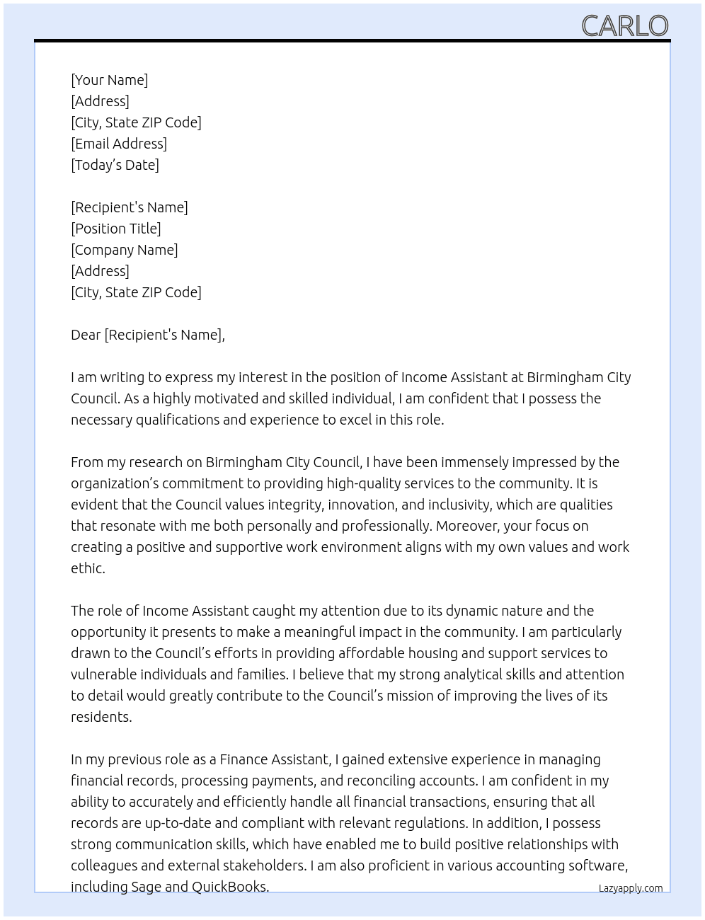 Income Assistant At Birmingham City Council Cover Letter