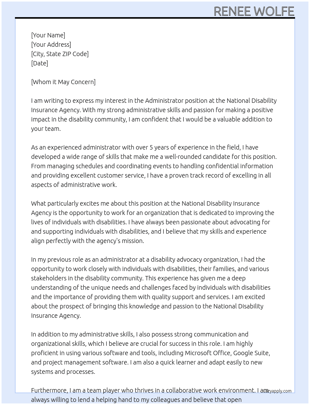 Administrator  At National Disability Insurance Agency  Cover Letter