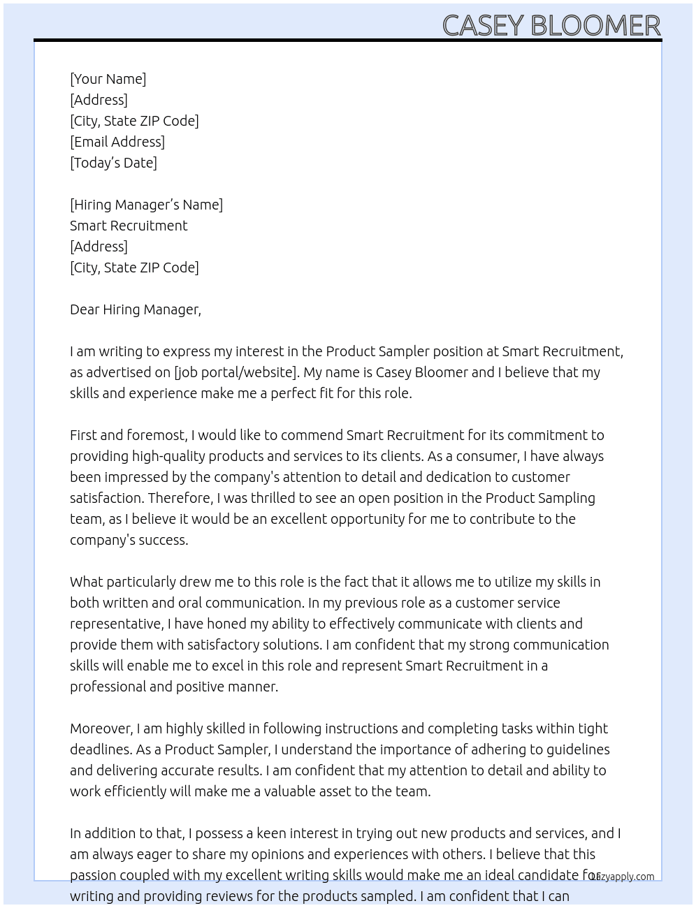 Product sampler At Smart recruitment  Cover Letter