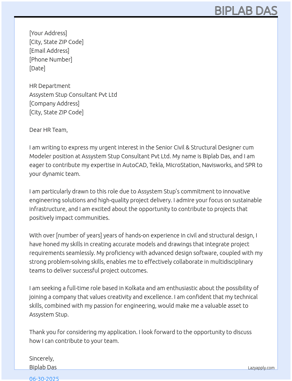 Cover letter for senior civil & structural designer cum modeler - LazyApply