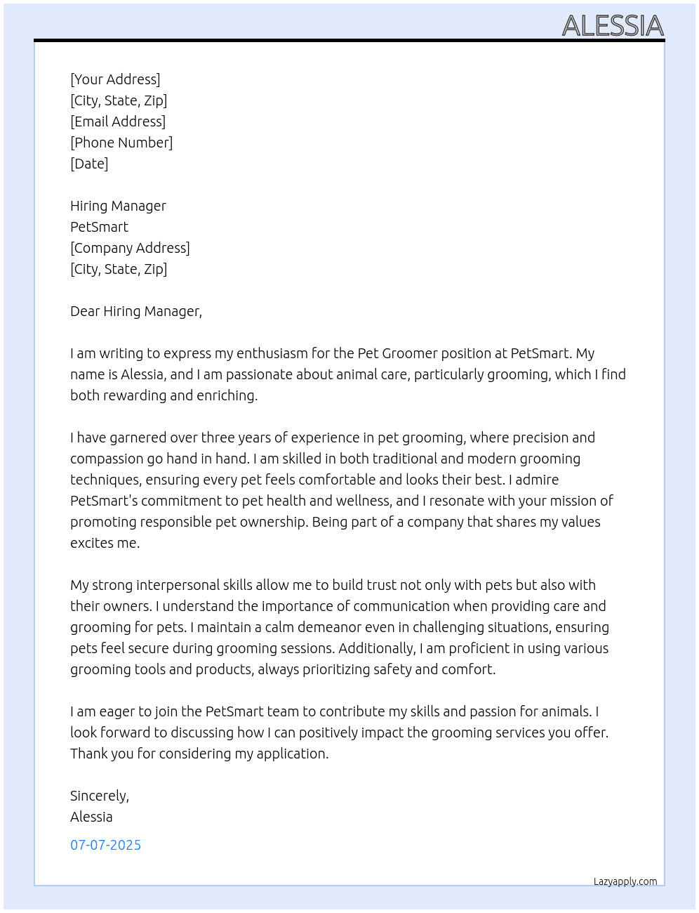 Cover letter for pet groomer - LazyApply