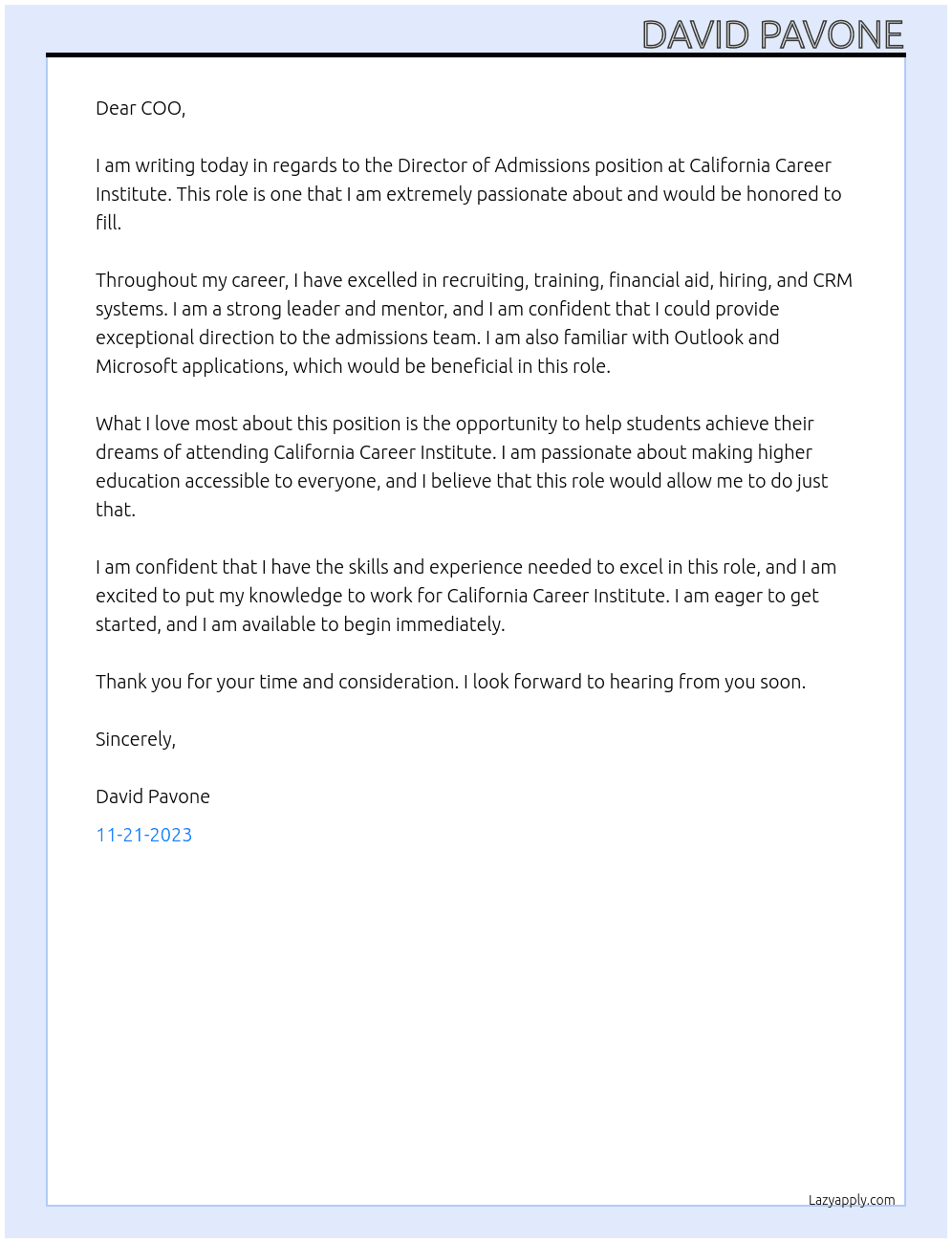 Director of Admissions At California Career Institute Cover Letter