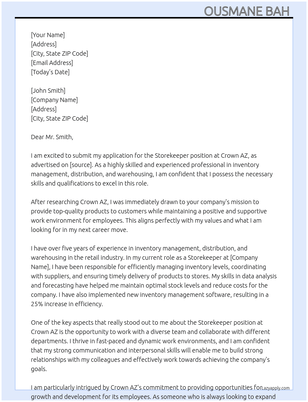 storekeeper At Crown AZ Cover Letter