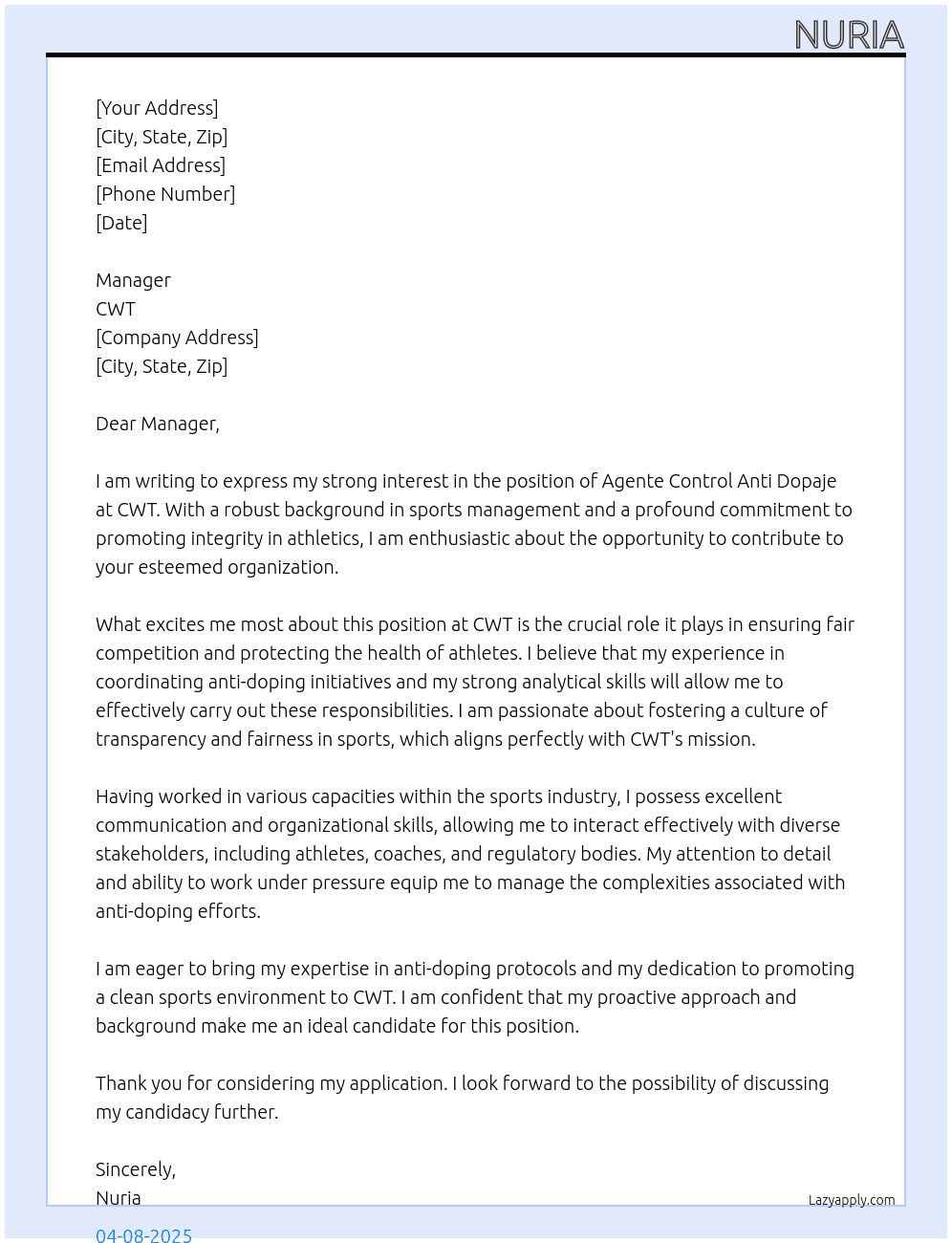 Agente control anti dopaje At Cwt Cover Letter