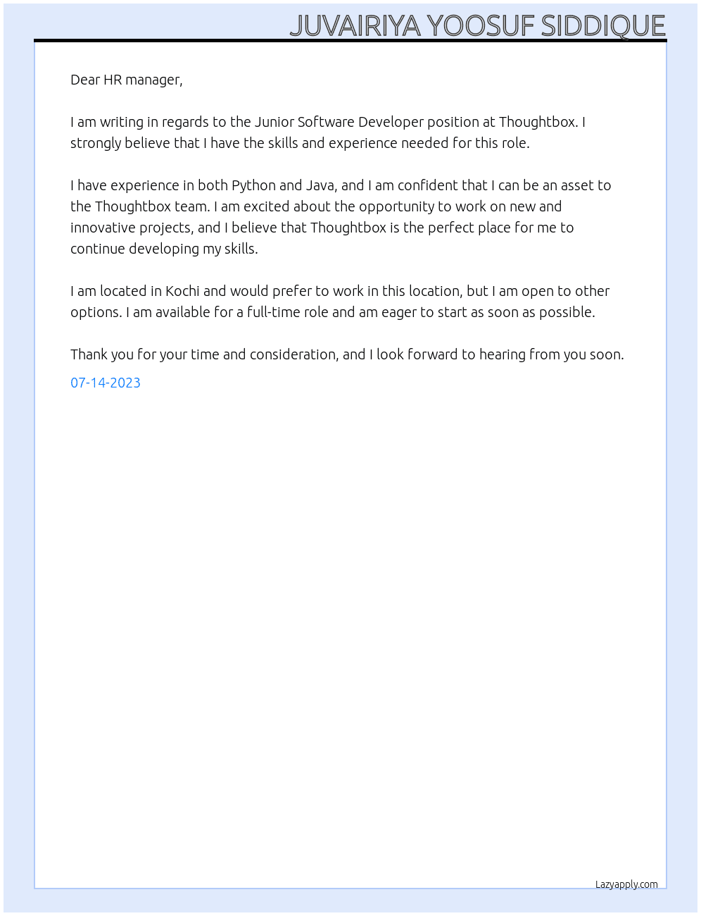 Junior Software Developer At Thoughtbox  Cover Letter