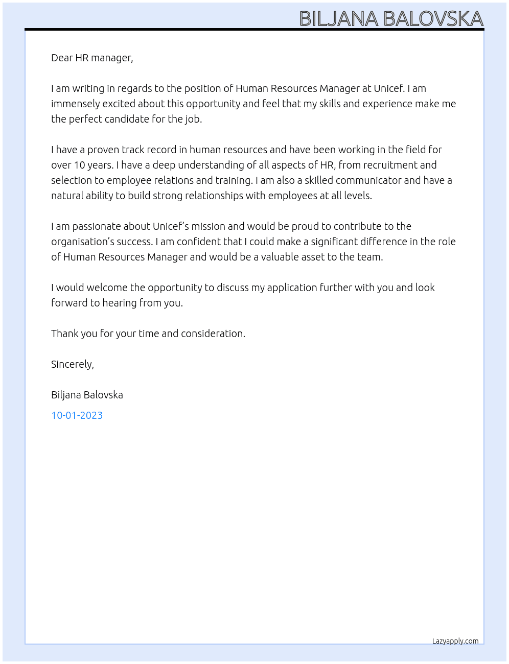 Human Resources Manager At Unicef Cover Letter