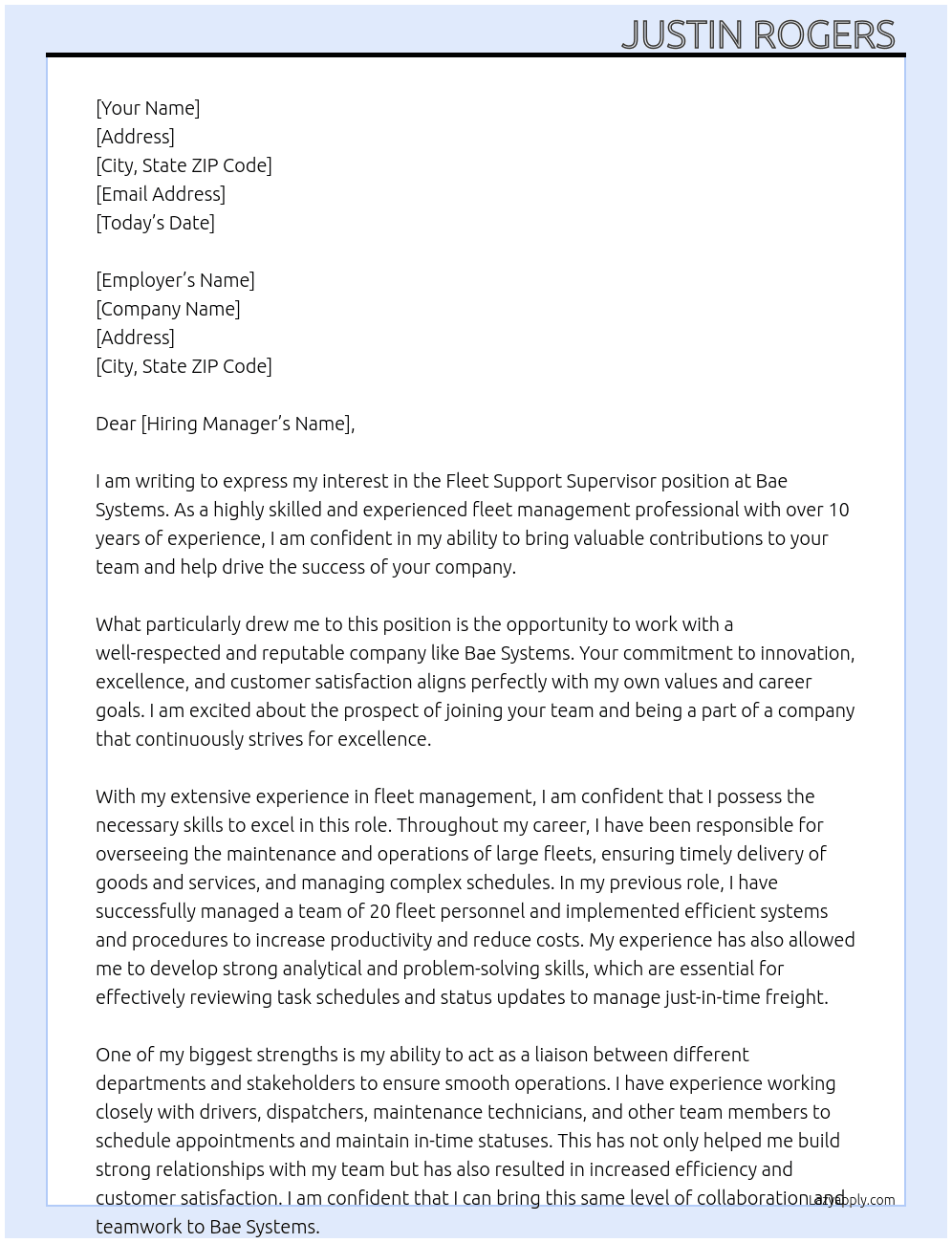Fleet Support Supervisor At Bae Systems Cover Letter
