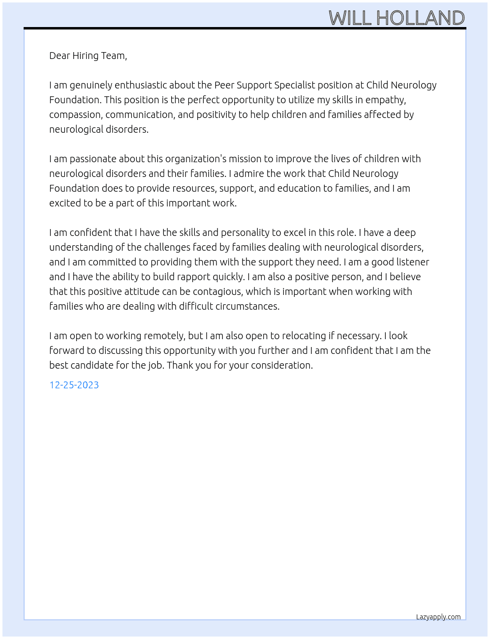 Peer Support Specialist At Child Neurology Foundation Cover Letter