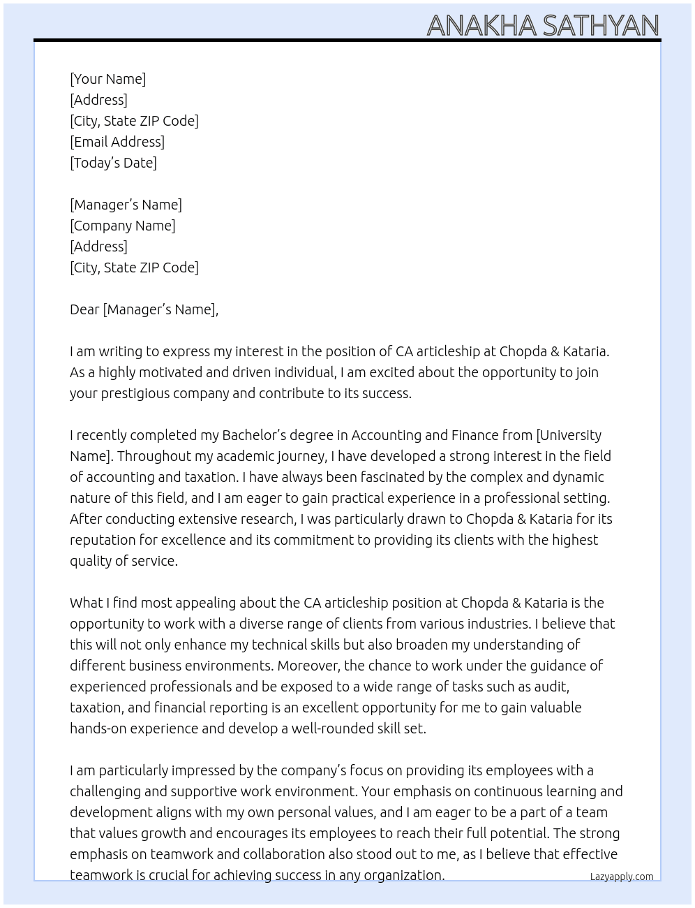 CA articleship At Chopda & Kataria   Cover Letter