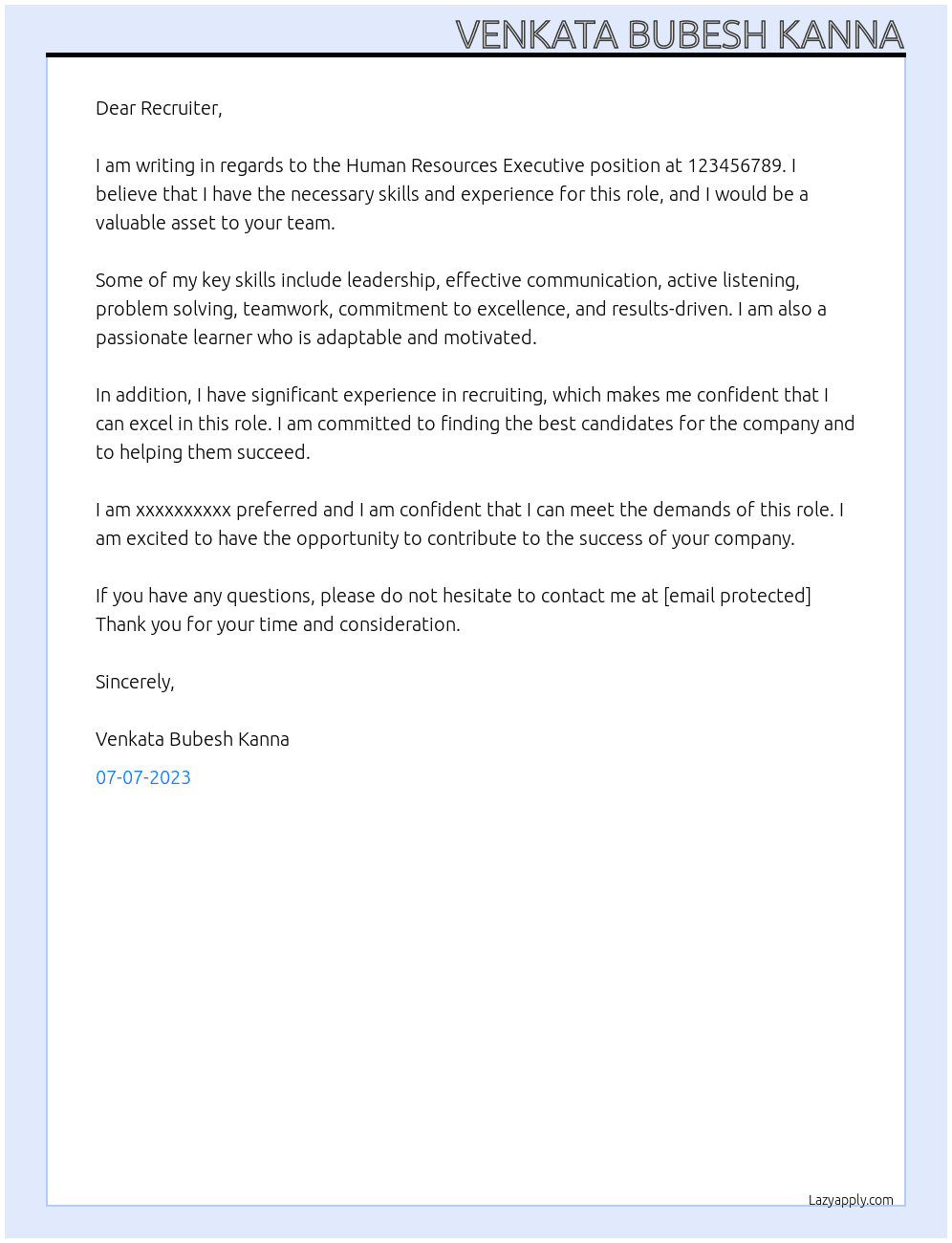 Human Resources Executive At 123456789 Cover Letter
