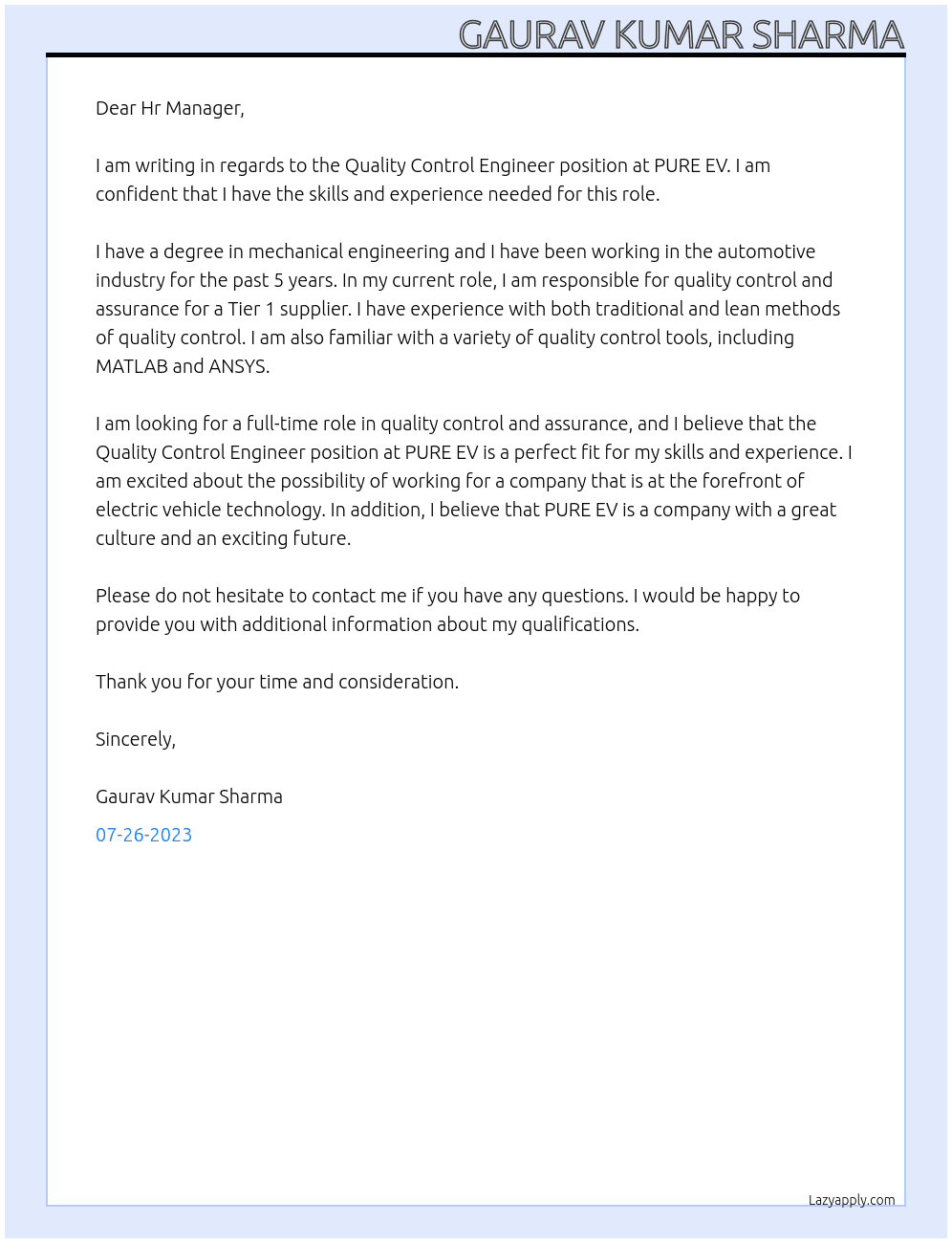 Quality Control Engineer  At PURE EV Cover Letter