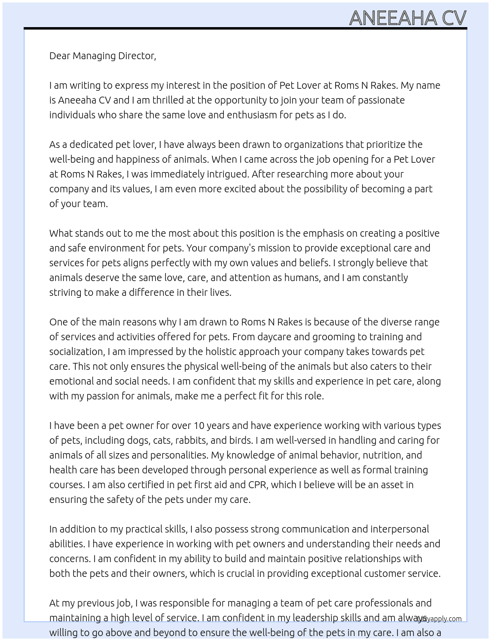 Pet lover At Roms N Rakes Cover Letter