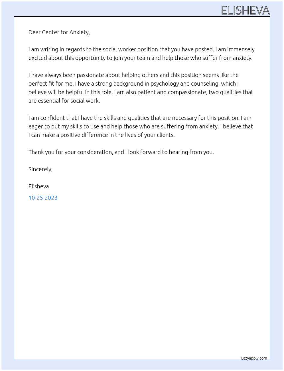 social worker At Center for Anxiety Cover Letter