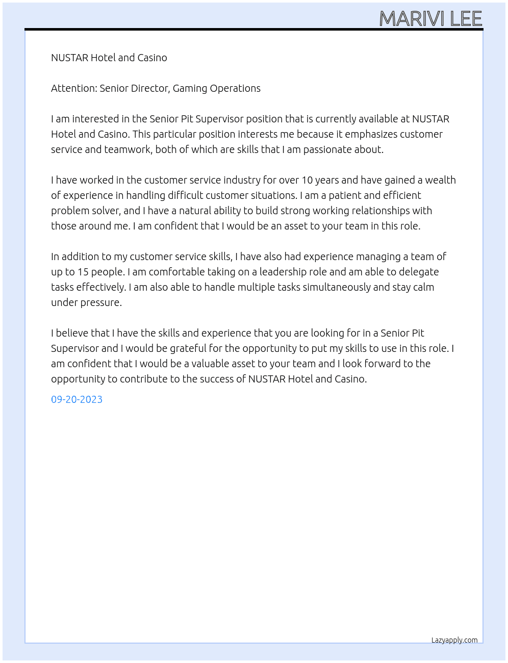 Senior Pit Supervisor At NUSTAR Hotel and Casino Cover Letter