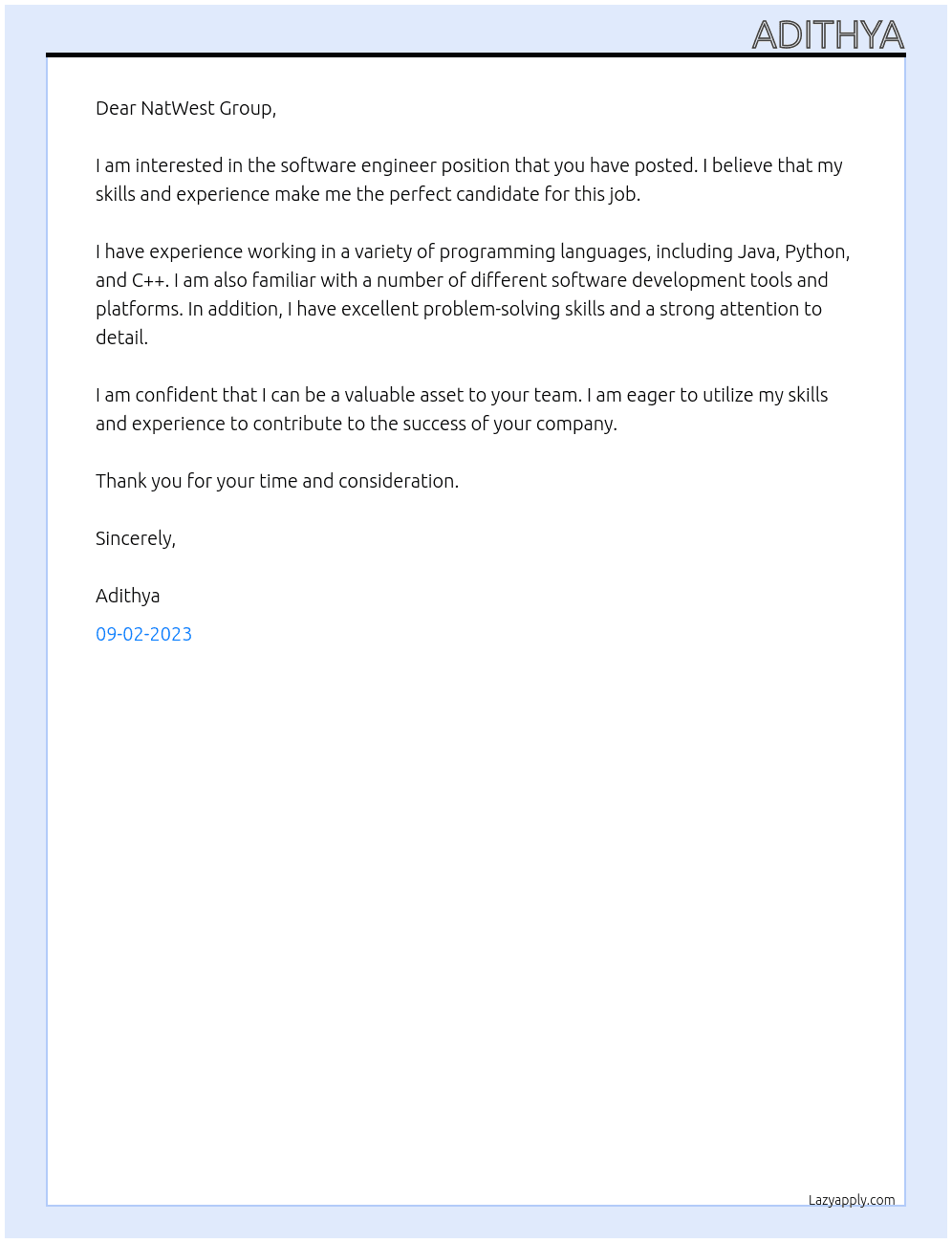 software engineer  At NatWest Group Cover Letter
