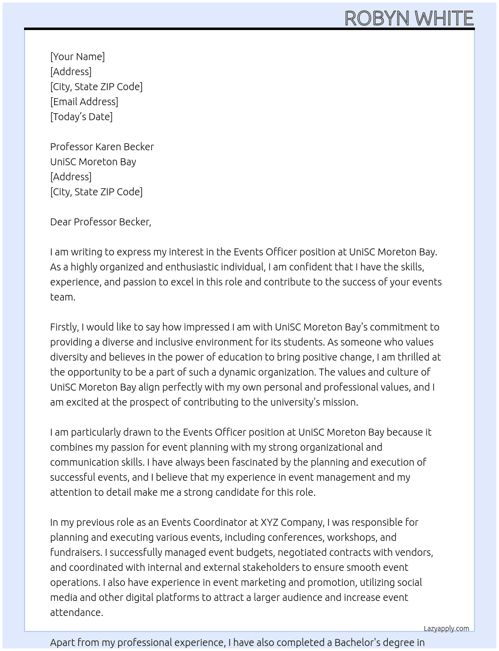Events Officer At UniSC Moreton Bay Cover Letter