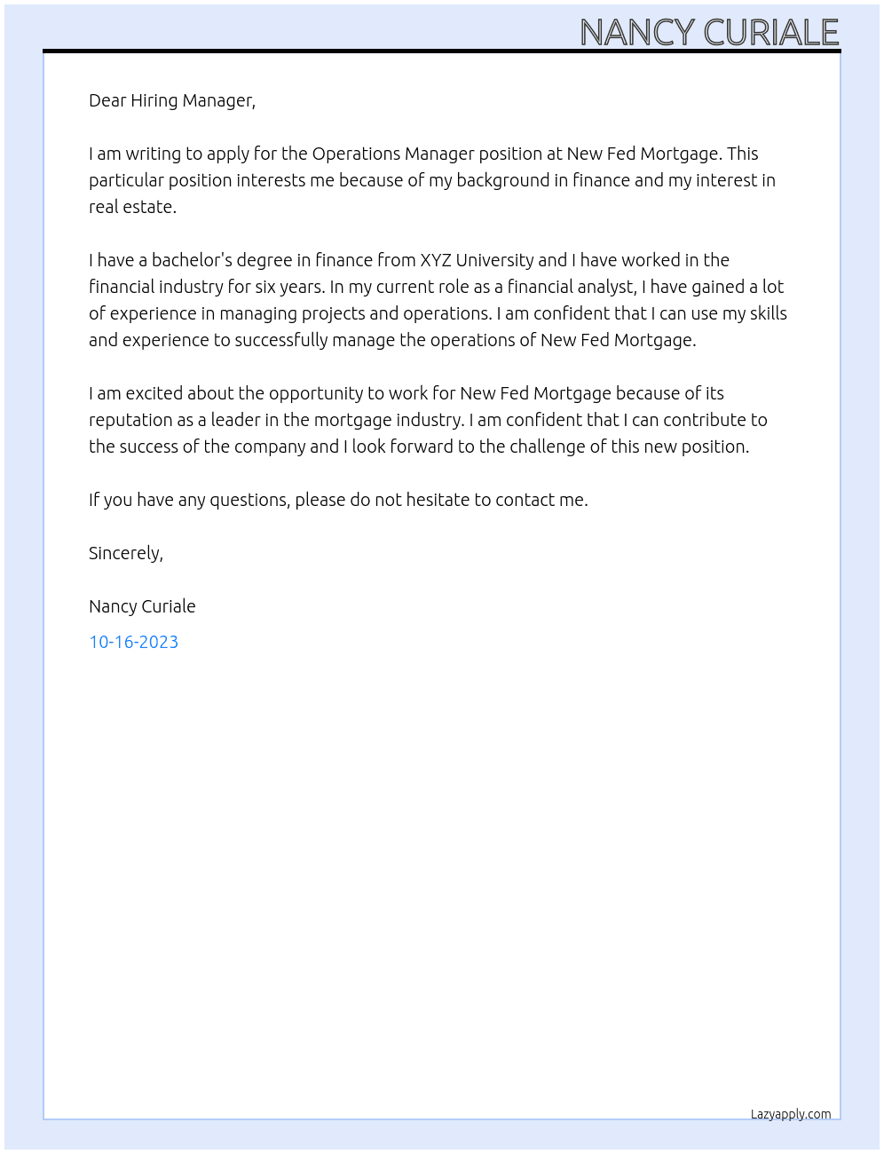 Operations Manager At New Fed Mortgage Cover Letter