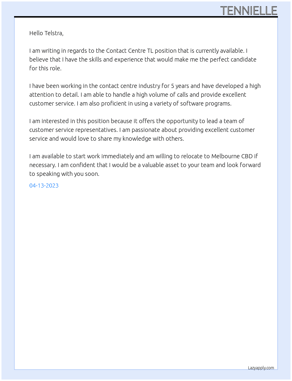 Contact Centre TL At Telstra Cover Letter