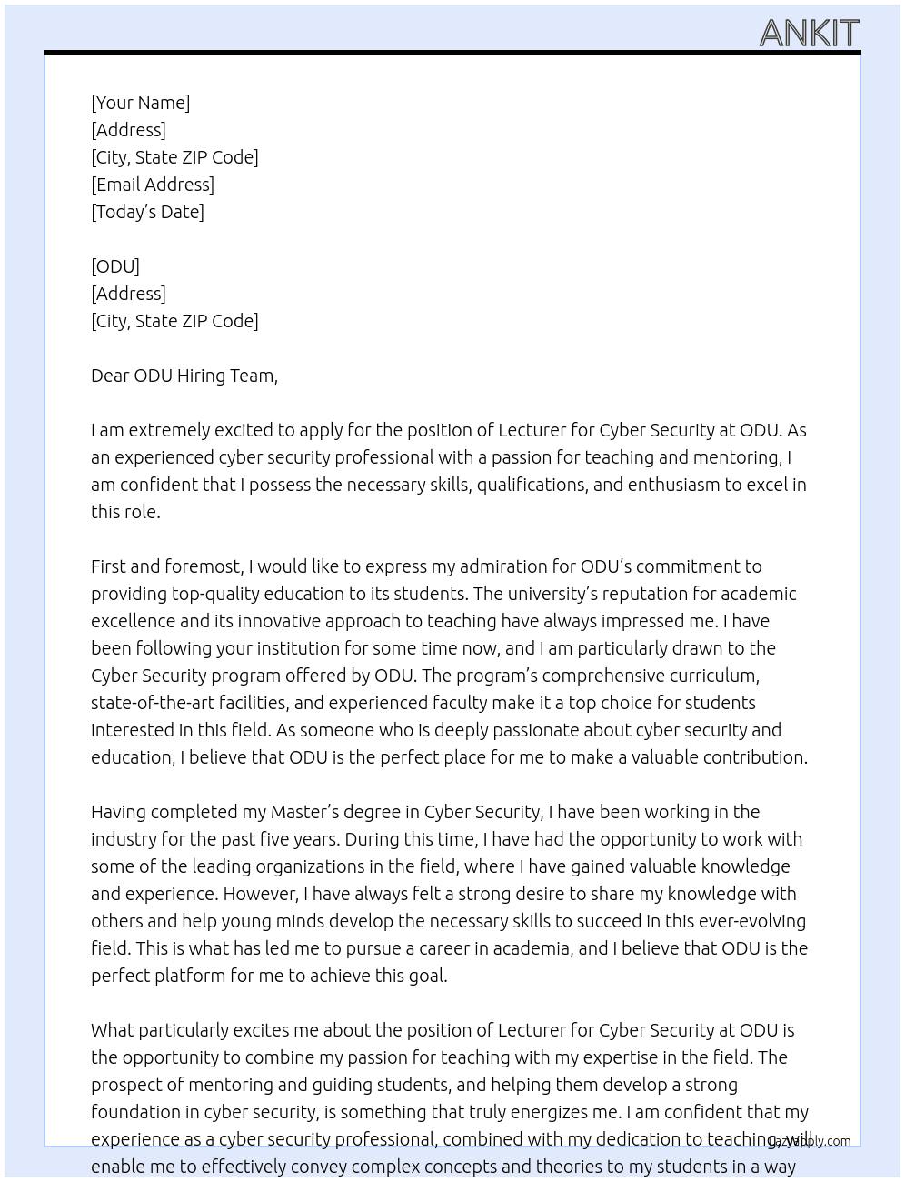 Lecturer for Cyber Security At ODU Cover Letter