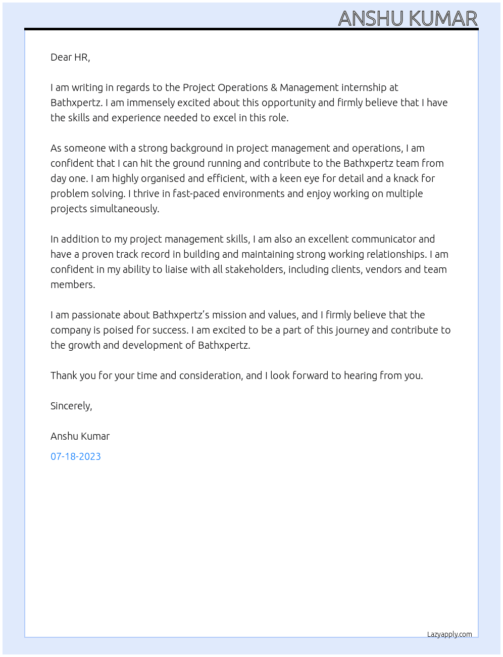 Project Operations & Management internship At Bathxpertz Cover Letter