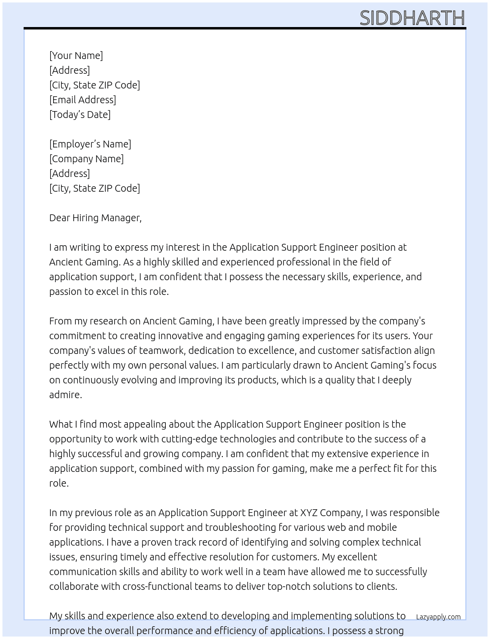 Application Support Engineer At Ancient Gaming Cover Letter