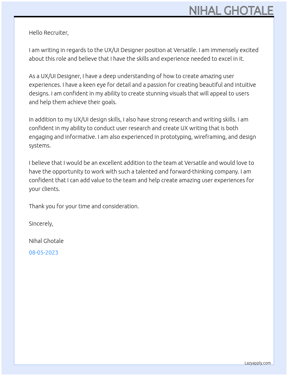 UX/UI Designer At Versatile Cover Letter