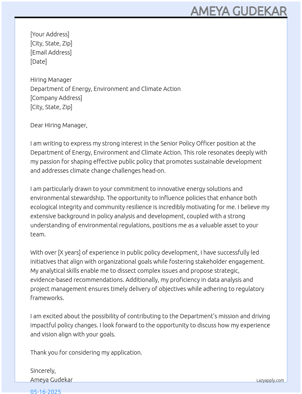 Senior Policy Officer At Department of Energy, Environment and Climate Action Cover Letter