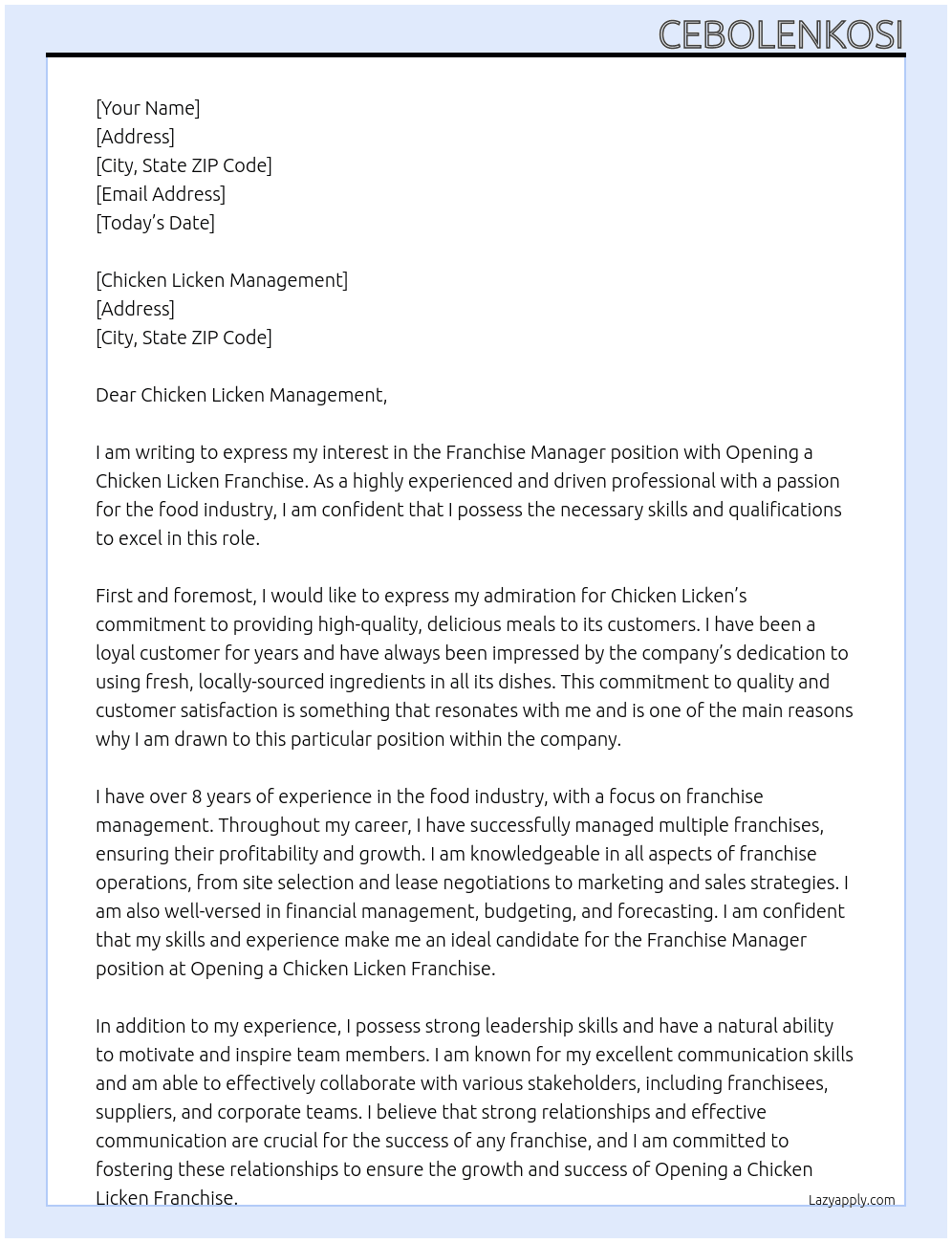 Franchise manager  At Opening a chicken licken franchise Cover Letter