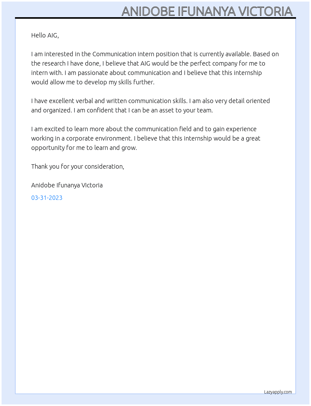 Communication intern At AIG Cover Letter