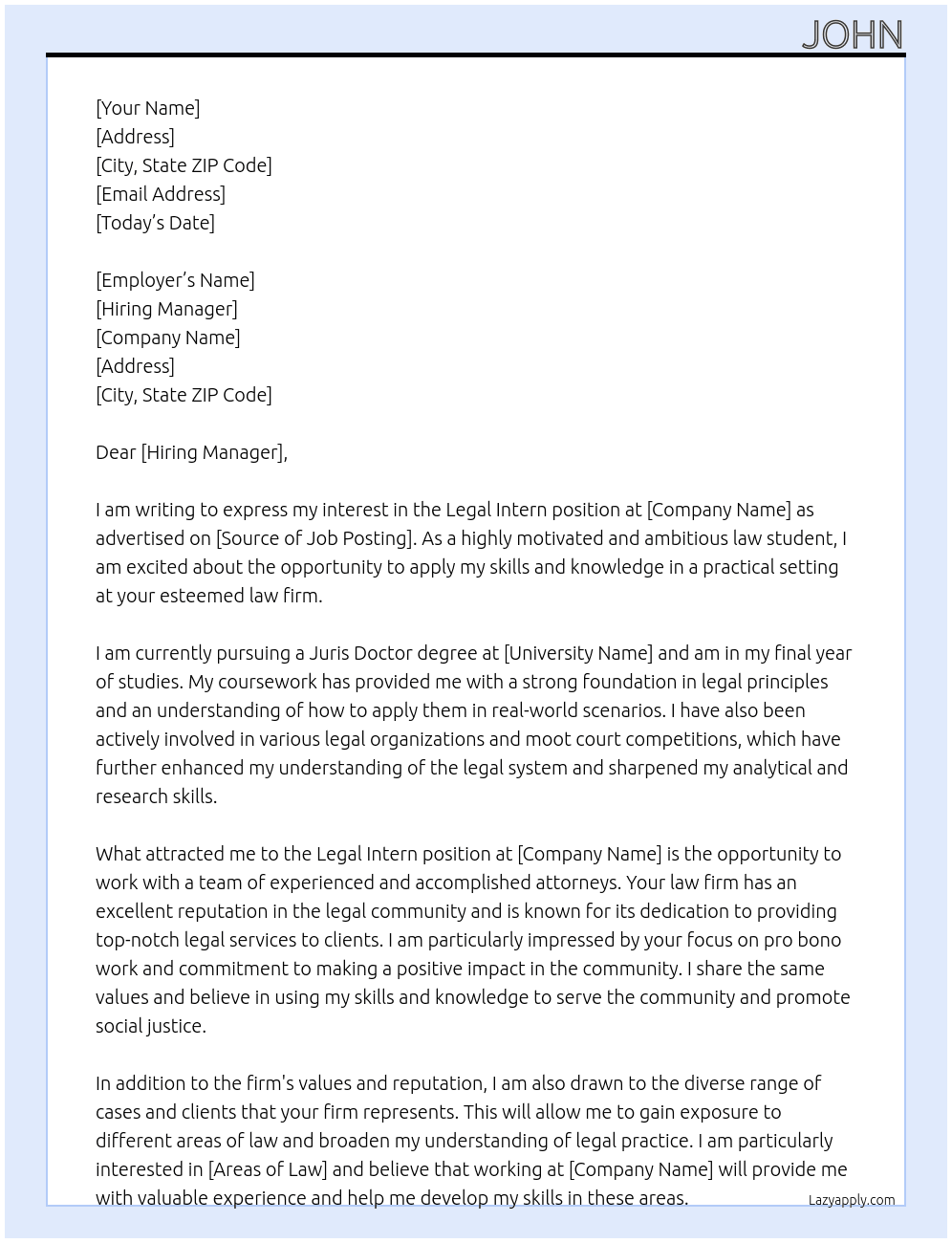 Legal Intern At Law firm Cover Letter