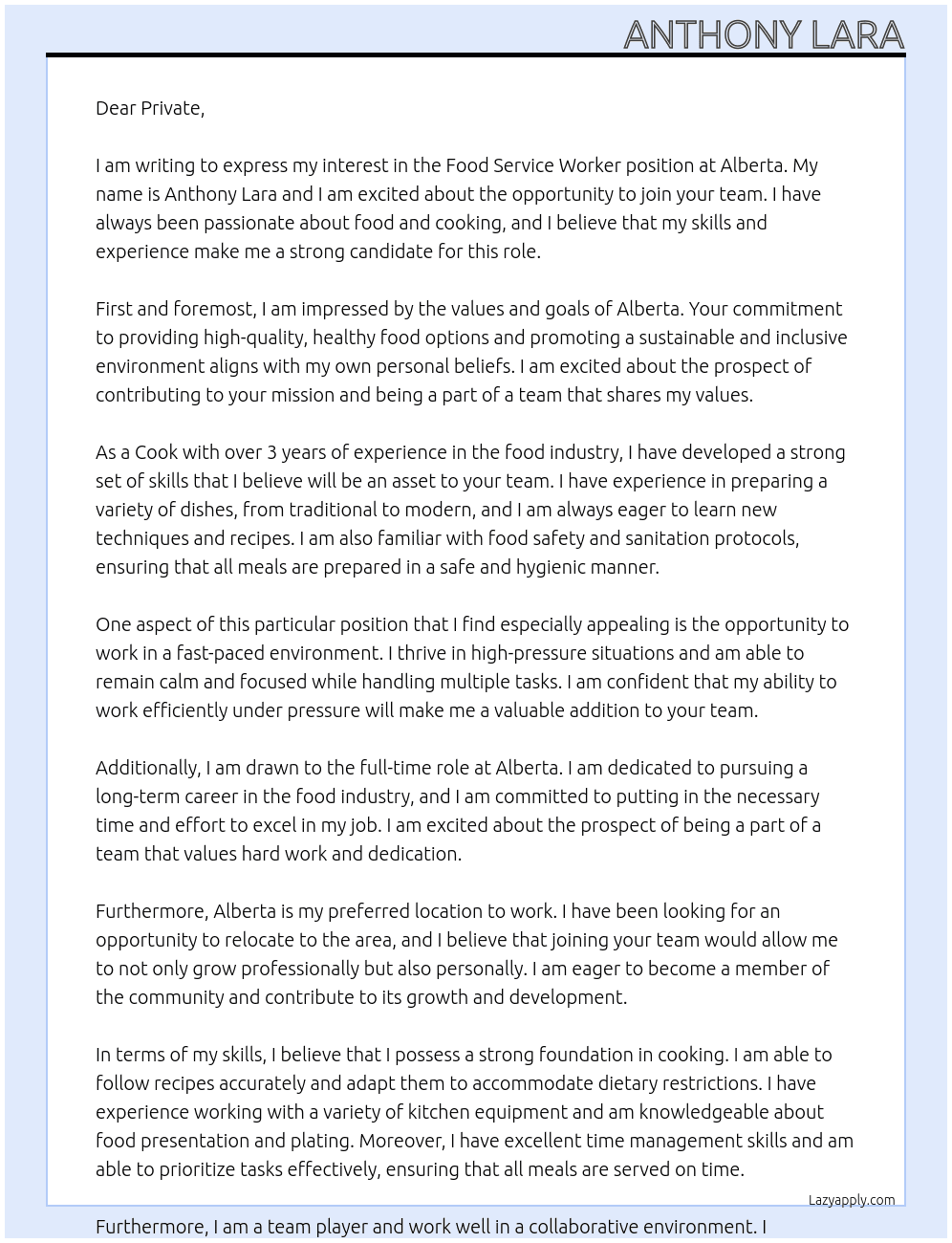 Food Service Worker At Alberta  Cover Letter