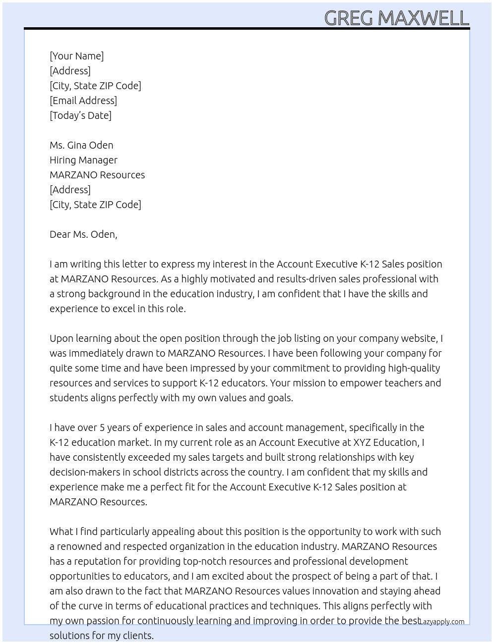 Account Executive K-12 Sales At MARZANO Resources Cover Letter