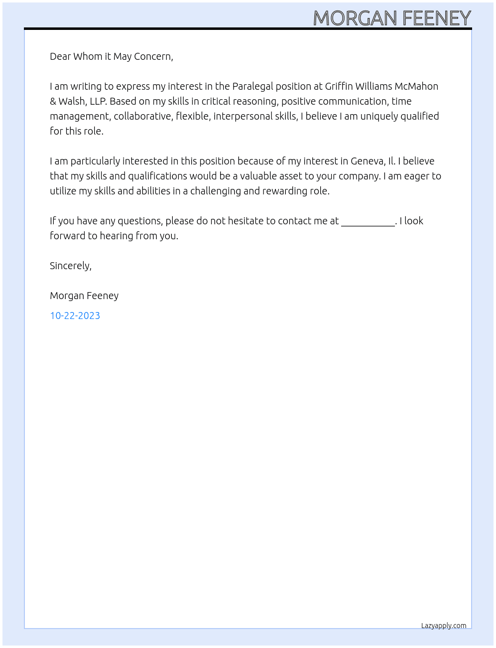 Paralegal At Griffin Williams McMahon & Walsh, LLP Cover Letter