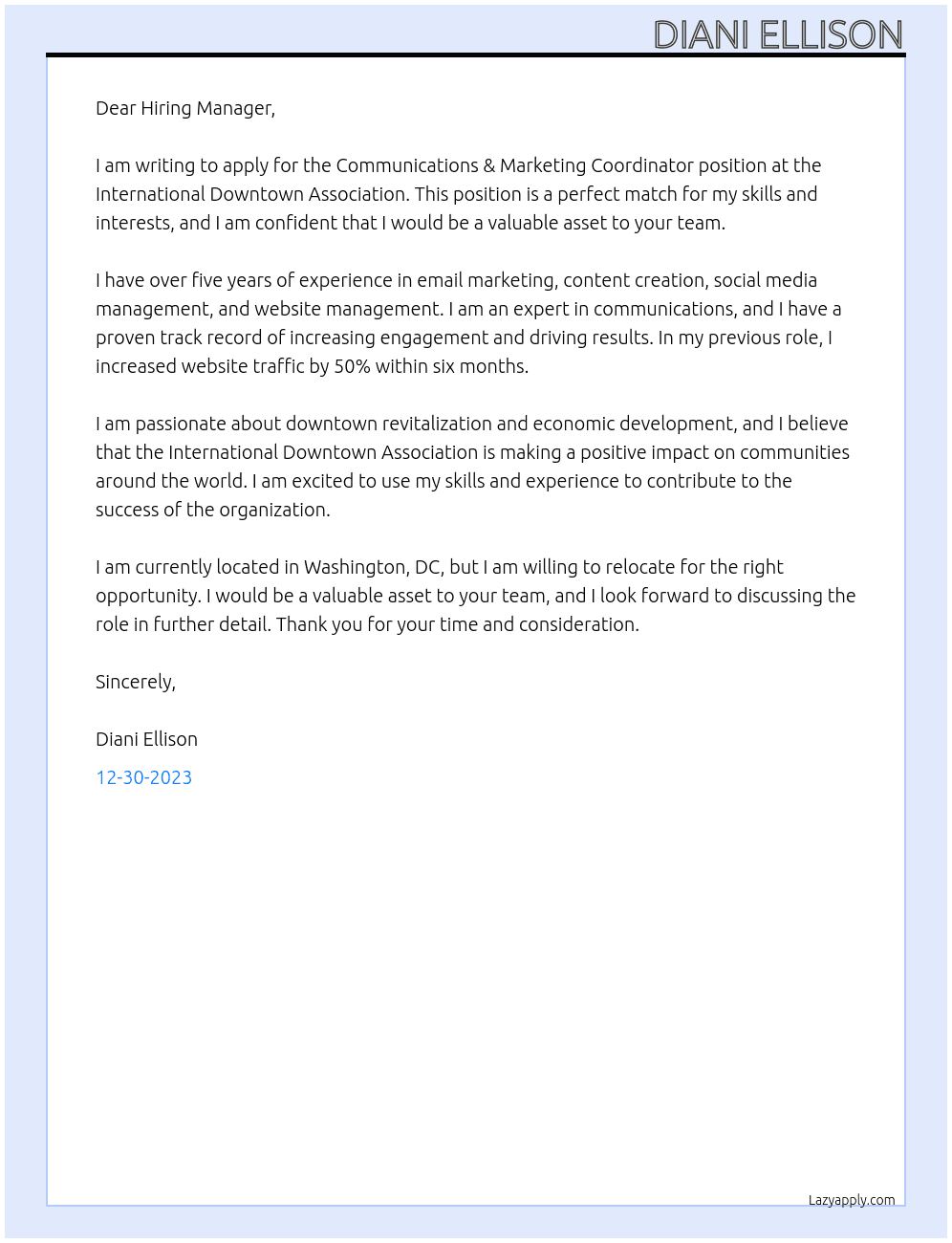 Communications & Marketing Coordinator At International Downtown Association Cover Letter