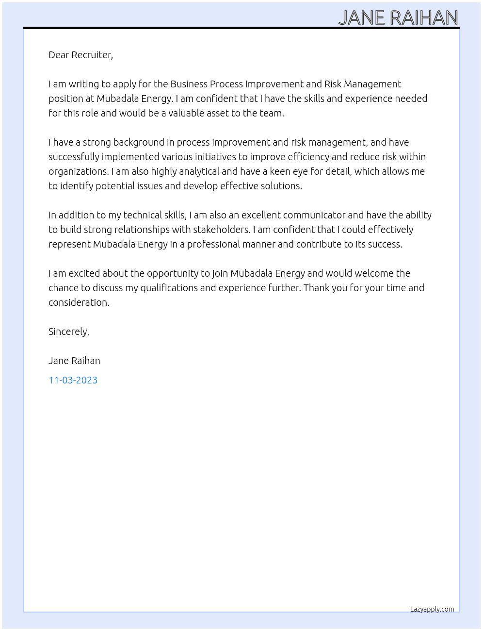 Business Process Improvement and Risk Management At Mubadala Energy Cover Letter