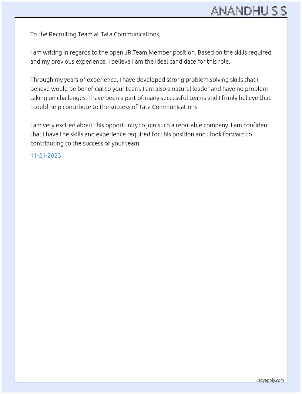 JR.Team Member At TATA COMMUNICATIONS  Cover Letter
