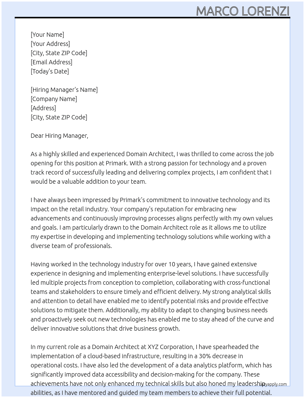Domain Architect At Primark Cover Letter