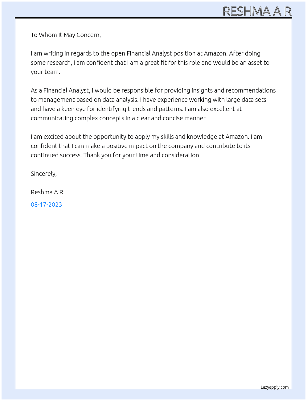 Financial analyst  At Amazon  Cover Letter