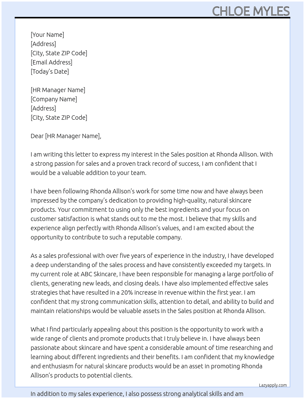 Sales At Rhonda Allison Cover Letter