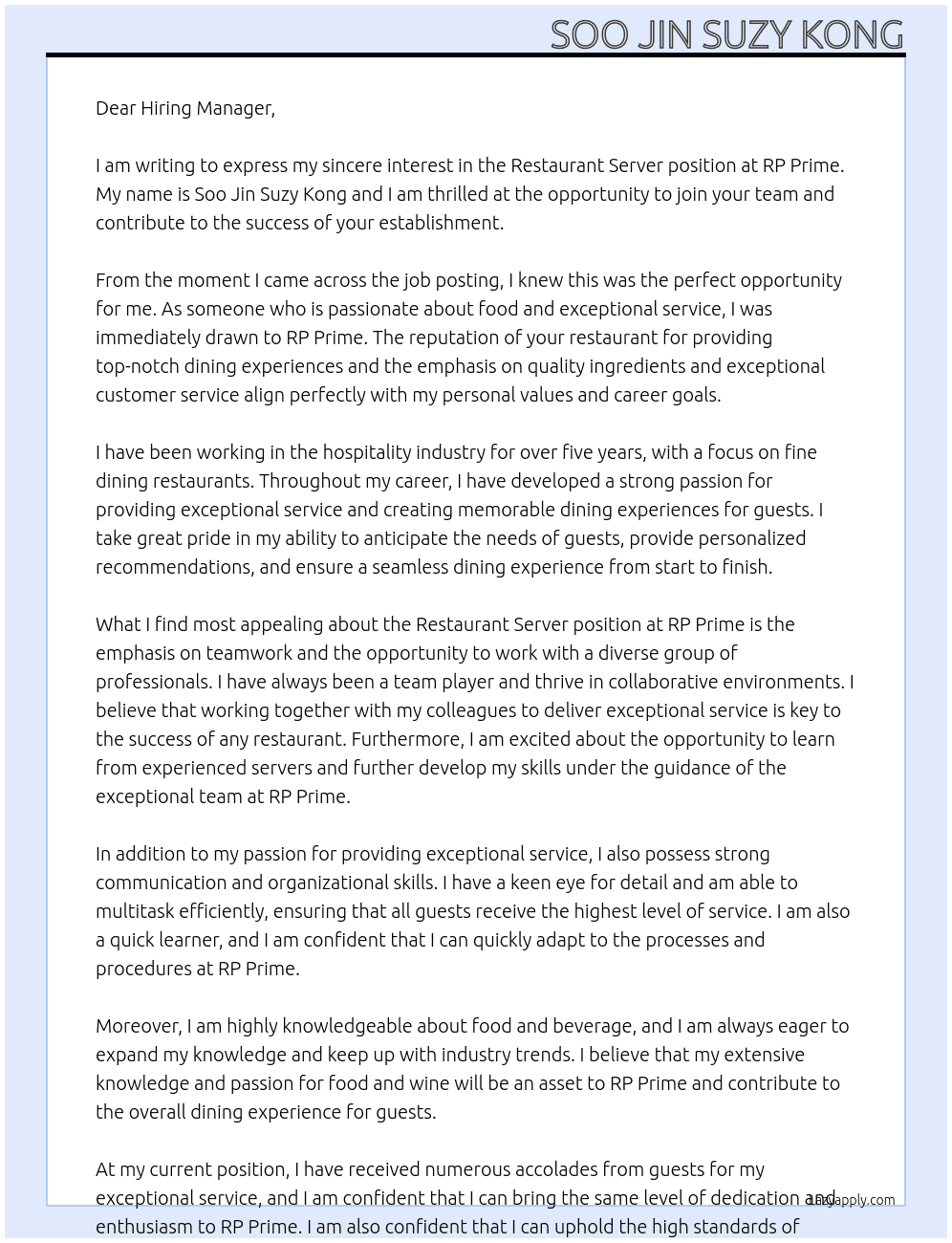 Restaurant Server At RP Prime Cover Letter