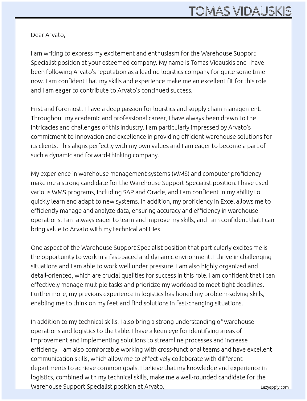  Warehouse Support Specialist At Arvato Cover Letter